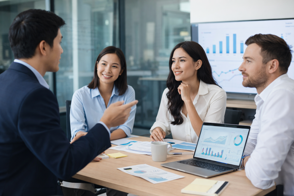 Diskusi tim bisnis tentang Panduan Landing Page yang Konversi Tinggi di 2026.