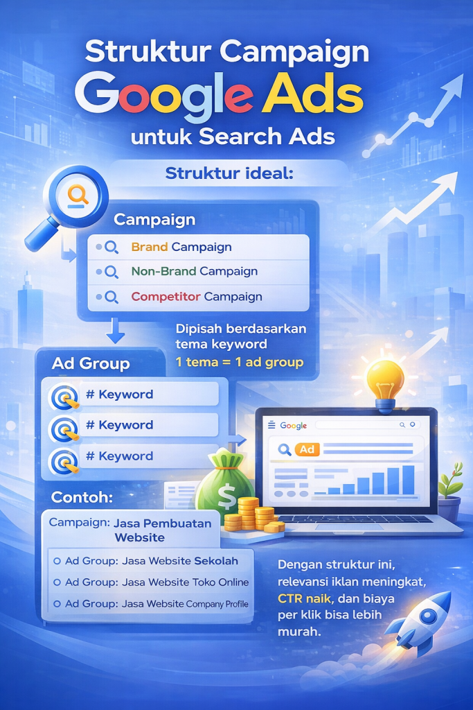 Mengapa Struktur Campaign Google Ads Itu Sangat Penting?

Struktur campaign yang baik membantu Anda untuk:

Mengontrol budget dengan lebih presisi

Memisahkan tujuan tiap jenis campaign

Membaca data performa dengan akurat

Memudahkan optimasi keyword, audience, dan bidding

Meningkatkan Quality Score dan ROI

Tanpa struktur yang jelas, iklan Anda akan sulit bersaing dan berpotensi merugi meski traffic terlihat tinggi.

1. Struktur Campaign Google Ads untuk Search Ads

Search Ads berfokus pada pengguna dengan intent tinggi (siap membeli atau mencari solusi).

Struktur ideal:

Campaign:

Brand Campaign

Non-Brand Campaign

Competitor Campaign

Ad Group:

Dipisah berdasarkan tema keyword

1 tema = 1 ad group

Contoh:

Campaign: Jasa Pembuatan Website

Ad Group: Jasa Website Sekolah

Ad Group: Jasa Website Toko Online

Ad Group: Jasa Website Company Profile

Dengan struktur ini, relevansi iklan meningkat, CTR naik, dan biaya per klik bisa lebih murah.

2. Struktur Campaign Google Ads untuk Display Ads

Display Ads cocok untuk branding dan remarketing.

Struktur yang rapi:

Campaign berdasarkan tujuan:

Awareness Display

Remarketing Display

Custom Audience Display

Ad Group berdasarkan audience:

Pengunjung website

Pengguna yang pernah klik iklan

Pengguna yang melihat video

In-market audience

Pisahkan setiap jenis audience agar pesan iklan lebih relevan dan mudah dianalisis.

3. Struktur Campaign Google Ads untuk Performance Max

Performance Max (PMax) menggabungkan semua channel Google dalam satu campaign: Search, Display, YouTube, Gmail, Discover.

Struktur terbaik:

Campaign berdasarkan tujuan bisnis:

PMax Lead Generation

PMax Penjualan Produk

PMax Brand Awareness

Asset Group berdasarkan kategori produk / layanan:

Asset Group Jasa Website

Asset Group Jasa SEO

Asset Group Jasa Google Ads

Jangan mencampur terlalu banyak tujuan dalam satu PMax agar algoritma bekerja lebih optimal.

4. Pisahkan Campaign Berdasarkan Funnel

Struktur yang profesional selalu memperhatikan customer journey:

Top Funnel: Awareness (Display, YouTube, PMax Awareness)

Middle Funnel: Consideration (Search Informational, Remarketing)

Bottom Funnel: Conversion (Search Transactional, PMax Sales)

Dengan pemisahan ini, pesan iklan bisa disesuaikan dengan tahap psikologis calon pelanggan.

5. Pengaturan Budget yang Rapi

Struktur rapi memudahkan alokasi budget:

Search High Intent → Budget terbesar

Remarketing → Budget menengah

Display Awareness → Budget penguat branding

Jangan mencampur budget Search dan Display dalam satu campaign.

6. Penamaan Campaign yang Profesional

Gunakan format konsisten, misalnya:

Search | Jasa Website | Jakarta | Conversion
Display | Remarketing | All Visitor | 30 Days
PMax | Lead Generation | Website Service

Ini memudahkan analisis dan scaling di masa depan.

7. Struktur yang Rapi = Optimasi Lebih Cepat

Dengan struktur yang benar, Anda bisa:

Menghentikan iklan yang boros

Menaikkan bidding keyword yang profitable

Menguji copywriting dengan A/B testing

Mengembangkan campaign yang paling menghasilkan

Inilah kunci meningkatkan ROAS dan menurunkan Cost per Conversion.