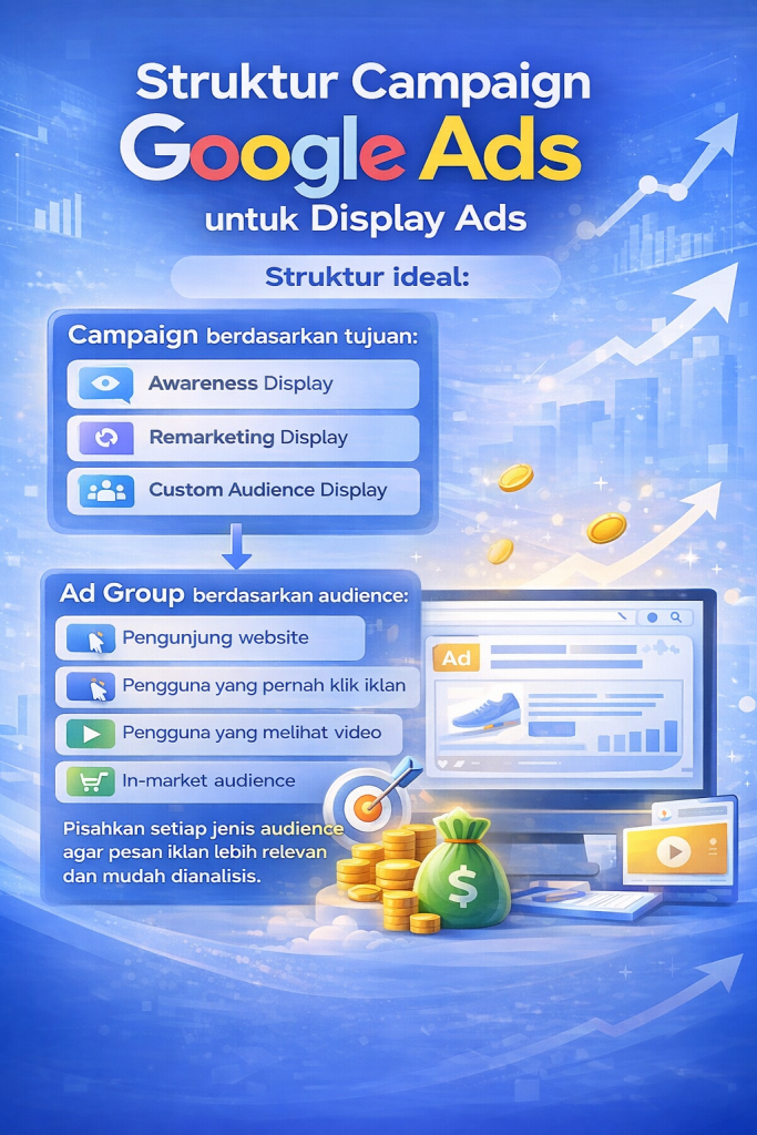 Mengapa Struktur Campaign Google Ads Itu Sangat Penting?

Struktur campaign yang baik membantu Anda untuk:

Mengontrol budget dengan lebih presisi

Memisahkan tujuan tiap jenis campaign

Membaca data performa dengan akurat

Memudahkan optimasi keyword, audience, dan bidding

Meningkatkan Quality Score dan ROI

Tanpa struktur yang jelas, iklan Anda akan sulit bersaing dan berpotensi merugi meski traffic terlihat tinggi.

1. Struktur Campaign Google Ads untuk Search Ads

Search Ads berfokus pada pengguna dengan intent tinggi (siap membeli atau mencari solusi).

Struktur ideal:

Campaign:

Brand Campaign

Non-Brand Campaign

Competitor Campaign

Ad Group:

Dipisah berdasarkan tema keyword

1 tema = 1 ad group

Contoh:

Campaign: Jasa Pembuatan Website

Ad Group: Jasa Website Sekolah

Ad Group: Jasa Website Toko Online

Ad Group: Jasa Website Company Profile

Dengan struktur ini, relevansi iklan meningkat, CTR naik, dan biaya per klik bisa lebih murah.

2. Struktur Campaign Google Ads untuk Display Ads

Display Ads cocok untuk branding dan remarketing.

Struktur yang rapi:

Campaign berdasarkan tujuan:

Awareness Display

Remarketing Display

Custom Audience Display

Ad Group berdasarkan audience:

Pengunjung website

Pengguna yang pernah klik iklan

Pengguna yang melihat video

In-market audience

Pisahkan setiap jenis audience agar pesan iklan lebih relevan dan mudah dianalisis.

3. Struktur Campaign Google Ads untuk Performance Max

Performance Max (PMax) menggabungkan semua channel Google dalam satu campaign: Search, Display, YouTube, Gmail, Discover.

Struktur terbaik:

Campaign berdasarkan tujuan bisnis:

PMax Lead Generation

PMax Penjualan Produk

PMax Brand Awareness

Asset Group berdasarkan kategori produk / layanan:

Asset Group Jasa Website

Asset Group Jasa SEO

Asset Group Jasa Google Ads

Jangan mencampur terlalu banyak tujuan dalam satu PMax agar algoritma bekerja lebih optimal.

4. Pisahkan Campaign Berdasarkan Funnel

Struktur yang profesional selalu memperhatikan customer journey:

Top Funnel: Awareness (Display, YouTube, PMax Awareness)

Middle Funnel: Consideration (Search Informational, Remarketing)

Bottom Funnel: Conversion (Search Transactional, PMax Sales)

Dengan pemisahan ini, pesan iklan bisa disesuaikan dengan tahap psikologis calon pelanggan.

5. Pengaturan Budget yang Rapi

Struktur rapi memudahkan alokasi budget:

Search High Intent → Budget terbesar

Remarketing → Budget menengah

Display Awareness → Budget penguat branding

Jangan mencampur budget Search dan Display dalam satu campaign.

6. Penamaan Campaign yang Profesional

Gunakan format konsisten, misalnya:

Search | Jasa Website | Jakarta | Conversion
Display | Remarketing | All Visitor | 30 Days
PMax | Lead Generation | Website Service

Ini memudahkan analisis dan scaling di masa depan.

7. Struktur yang Rapi = Optimasi Lebih Cepat

Dengan struktur yang benar, Anda bisa:

Menghentikan iklan yang boros

Menaikkan bidding keyword yang profitable

Menguji copywriting dengan A/B testing

Mengembangkan campaign yang paling menghasilkan

Inilah kunci meningkatkan ROAS dan menurunkan Cost per Conversion.