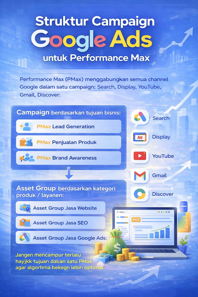 Mengapa Struktur Campaign Google Ads Itu Sangat Penting?

Struktur campaign yang baik membantu Anda untuk:

Mengontrol budget dengan lebih presisi

Memisahkan tujuan tiap jenis campaign

Membaca data performa dengan akurat

Memudahkan optimasi keyword, audience, dan bidding

Meningkatkan Quality Score dan ROI

Tanpa struktur yang jelas, iklan Anda akan sulit bersaing dan berpotensi merugi meski traffic terlihat tinggi.

1. Struktur Campaign Google Ads untuk Search Ads

Search Ads berfokus pada pengguna dengan intent tinggi (siap membeli atau mencari solusi).

Struktur ideal:

Campaign:

Brand Campaign

Non-Brand Campaign

Competitor Campaign

Ad Group:

Dipisah berdasarkan tema keyword

1 tema = 1 ad group

Contoh:

Campaign: Jasa Pembuatan Website

Ad Group: Jasa Website Sekolah

Ad Group: Jasa Website Toko Online

Ad Group: Jasa Website Company Profile

Dengan struktur ini, relevansi iklan meningkat, CTR naik, dan biaya per klik bisa lebih murah.

2. Struktur Campaign Google Ads untuk Display Ads

Display Ads cocok untuk branding dan remarketing.

Struktur yang rapi:

Campaign berdasarkan tujuan:

Awareness Display

Remarketing Display

Custom Audience Display

Ad Group berdasarkan audience:

Pengunjung website

Pengguna yang pernah klik iklan

Pengguna yang melihat video

In-market audience

Pisahkan setiap jenis audience agar pesan iklan lebih relevan dan mudah dianalisis.

3. Struktur Campaign Google Ads untuk Performance Max

Performance Max (PMax) menggabungkan semua channel Google dalam satu campaign: Search, Display, YouTube, Gmail, Discover.

Struktur terbaik:

Campaign berdasarkan tujuan bisnis:

PMax Lead Generation

PMax Penjualan Produk

PMax Brand Awareness

Asset Group berdasarkan kategori produk / layanan:

Asset Group Jasa Website

Asset Group Jasa SEO

Asset Group Jasa Google Ads

Jangan mencampur terlalu banyak tujuan dalam satu PMax agar algoritma bekerja lebih optimal.

4. Pisahkan Campaign Berdasarkan Funnel

Struktur yang profesional selalu memperhatikan customer journey:

Top Funnel: Awareness (Display, YouTube, PMax Awareness)

Middle Funnel: Consideration (Search Informational, Remarketing)

Bottom Funnel: Conversion (Search Transactional, PMax Sales)

Dengan pemisahan ini, pesan iklan bisa disesuaikan dengan tahap psikologis calon pelanggan.

5. Pengaturan Budget yang Rapi

Struktur rapi memudahkan alokasi budget:

Search High Intent → Budget terbesar

Remarketing → Budget menengah

Display Awareness → Budget penguat branding

Jangan mencampur budget Search dan Display dalam satu campaign.

6. Penamaan Campaign yang Profesional

Gunakan format konsisten, misalnya:

Search | Jasa Website | Jakarta | Conversion
Display | Remarketing | All Visitor | 30 Days
PMax | Lead Generation | Website Service

Ini memudahkan analisis dan scaling di masa depan.

7. Struktur yang Rapi = Optimasi Lebih Cepat

Dengan struktur yang benar, Anda bisa:

Menghentikan iklan yang boros

Menaikkan bidding keyword yang profitable

Menguji copywriting dengan A/B testing

Mengembangkan campaign yang paling menghasilkan

Inilah kunci meningkatkan ROAS dan menurunkan Cost per Conversion.