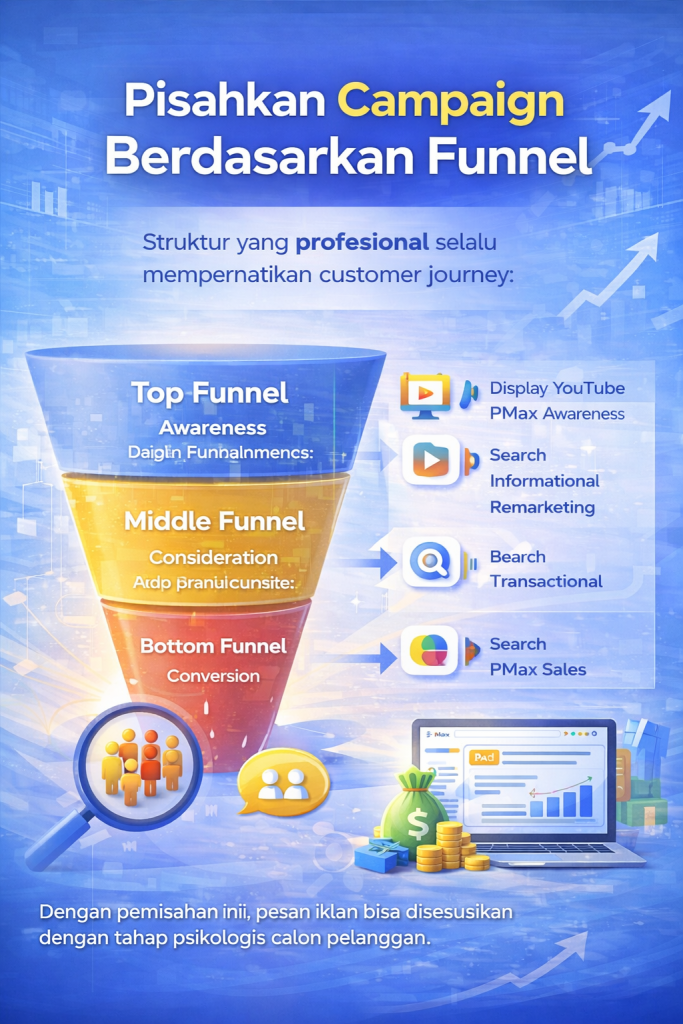 Mengapa Struktur Campaign Google Ads Itu Sangat Penting?

Struktur campaign yang baik membantu Anda untuk:

Mengontrol budget dengan lebih presisi

Memisahkan tujuan tiap jenis campaign

Membaca data performa dengan akurat

Memudahkan optimasi keyword, audience, dan bidding

Meningkatkan Quality Score dan ROI

Tanpa struktur yang jelas, iklan Anda akan sulit bersaing dan berpotensi merugi meski traffic terlihat tinggi.

1. Struktur Campaign Google Ads untuk Search Ads

Search Ads berfokus pada pengguna dengan intent tinggi (siap membeli atau mencari solusi).

Struktur ideal:

Campaign:

Brand Campaign

Non-Brand Campaign

Competitor Campaign

Ad Group:

Dipisah berdasarkan tema keyword

1 tema = 1 ad group

Contoh:

Campaign: Jasa Pembuatan Website

Ad Group: Jasa Website Sekolah

Ad Group: Jasa Website Toko Online

Ad Group: Jasa Website Company Profile

Dengan struktur ini, relevansi iklan meningkat, CTR naik, dan biaya per klik bisa lebih murah.

2. Struktur Campaign Google Ads untuk Display Ads

Display Ads cocok untuk branding dan remarketing.

Struktur yang rapi:

Campaign berdasarkan tujuan:

Awareness Display

Remarketing Display

Custom Audience Display

Ad Group berdasarkan audience:

Pengunjung website

Pengguna yang pernah klik iklan

Pengguna yang melihat video

In-market audience

Pisahkan setiap jenis audience agar pesan iklan lebih relevan dan mudah dianalisis.

3. Struktur Campaign Google Ads untuk Performance Max

Performance Max (PMax) menggabungkan semua channel Google dalam satu campaign: Search, Display, YouTube, Gmail, Discover.

Struktur terbaik:

Campaign berdasarkan tujuan bisnis:

PMax Lead Generation

PMax Penjualan Produk

PMax Brand Awareness

Asset Group berdasarkan kategori produk / layanan:

Asset Group Jasa Website

Asset Group Jasa SEO

Asset Group Jasa Google Ads

Jangan mencampur terlalu banyak tujuan dalam satu PMax agar algoritma bekerja lebih optimal.

4. Pisahkan Campaign Berdasarkan Funnel

Struktur yang profesional selalu memperhatikan customer journey:

Top Funnel: Awareness (Display, YouTube, PMax Awareness)

Middle Funnel: Consideration (Search Informational, Remarketing)

Bottom Funnel: Conversion (Search Transactional, PMax Sales)

Dengan pemisahan ini, pesan iklan bisa disesuaikan dengan tahap psikologis calon pelanggan.

5. Pengaturan Budget yang Rapi

Struktur rapi memudahkan alokasi budget:

Search High Intent → Budget terbesar

Remarketing → Budget menengah

Display Awareness → Budget penguat branding

Jangan mencampur budget Search dan Display dalam satu campaign.

6. Penamaan Campaign yang Profesional

Gunakan format konsisten, misalnya:

Search | Jasa Website | Jakarta | Conversion
Display | Remarketing | All Visitor | 30 Days
PMax | Lead Generation | Website Service

Ini memudahkan analisis dan scaling di masa depan.

7. Struktur yang Rapi = Optimasi Lebih Cepat

Dengan struktur yang benar, Anda bisa:

Menghentikan iklan yang boros

Menaikkan bidding keyword yang profitable

Menguji copywriting dengan A/B testing

Mengembangkan campaign yang paling menghasilkan

Inilah kunci meningkatkan ROAS dan menurunkan Cost per Conversion.