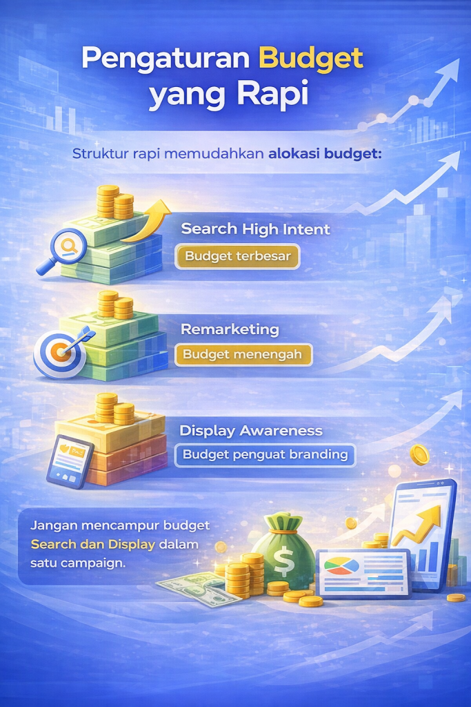 Mengapa Struktur Campaign Google Ads Itu Sangat Penting?

Struktur campaign yang baik membantu Anda untuk:

Mengontrol budget dengan lebih presisi

Memisahkan tujuan tiap jenis campaign

Membaca data performa dengan akurat

Memudahkan optimasi keyword, audience, dan bidding

Meningkatkan Quality Score dan ROI

Tanpa struktur yang jelas, iklan Anda akan sulit bersaing dan berpotensi merugi meski traffic terlihat tinggi.

1. Struktur Campaign Google Ads untuk Search Ads

Search Ads berfokus pada pengguna dengan intent tinggi (siap membeli atau mencari solusi).

Struktur ideal:

Campaign:

Brand Campaign

Non-Brand Campaign

Competitor Campaign

Ad Group:

Dipisah berdasarkan tema keyword

1 tema = 1 ad group

Contoh:

Campaign: Jasa Pembuatan Website

Ad Group: Jasa Website Sekolah

Ad Group: Jasa Website Toko Online

Ad Group: Jasa Website Company Profile

Dengan struktur ini, relevansi iklan meningkat, CTR naik, dan biaya per klik bisa lebih murah.

2. Struktur Campaign Google Ads untuk Display Ads

Display Ads cocok untuk branding dan remarketing.

Struktur yang rapi:

Campaign berdasarkan tujuan:

Awareness Display

Remarketing Display

Custom Audience Display

Ad Group berdasarkan audience:

Pengunjung website

Pengguna yang pernah klik iklan

Pengguna yang melihat video

In-market audience

Pisahkan setiap jenis audience agar pesan iklan lebih relevan dan mudah dianalisis.

3. Struktur Campaign Google Ads untuk Performance Max

Performance Max (PMax) menggabungkan semua channel Google dalam satu campaign: Search, Display, YouTube, Gmail, Discover.

Struktur terbaik:

Campaign berdasarkan tujuan bisnis:

PMax Lead Generation

PMax Penjualan Produk

PMax Brand Awareness

Asset Group berdasarkan kategori produk / layanan:

Asset Group Jasa Website

Asset Group Jasa SEO

Asset Group Jasa Google Ads

Jangan mencampur terlalu banyak tujuan dalam satu PMax agar algoritma bekerja lebih optimal.

4. Pisahkan Campaign Berdasarkan Funnel

Struktur yang profesional selalu memperhatikan customer journey:

Top Funnel: Awareness (Display, YouTube, PMax Awareness)

Middle Funnel: Consideration (Search Informational, Remarketing)

Bottom Funnel: Conversion (Search Transactional, PMax Sales)

Dengan pemisahan ini, pesan iklan bisa disesuaikan dengan tahap psikologis calon pelanggan.

5. Pengaturan Budget yang Rapi

Struktur rapi memudahkan alokasi budget:

Search High Intent → Budget terbesar

Remarketing → Budget menengah

Display Awareness → Budget penguat branding

Jangan mencampur budget Search dan Display dalam satu campaign.

6. Penamaan Campaign yang Profesional

Gunakan format konsisten, misalnya:

Search | Jasa Website | Jakarta | Conversion
Display | Remarketing | All Visitor | 30 Days
PMax | Lead Generation | Website Service

Ini memudahkan analisis dan scaling di masa depan.

7. Struktur yang Rapi = Optimasi Lebih Cepat

Dengan struktur yang benar, Anda bisa:

Menghentikan iklan yang boros

Menaikkan bidding keyword yang profitable

Menguji copywriting dengan A/B testing

Mengembangkan campaign yang paling menghasilkan

Inilah kunci meningkatkan ROAS dan menurunkan Cost per Conversion.