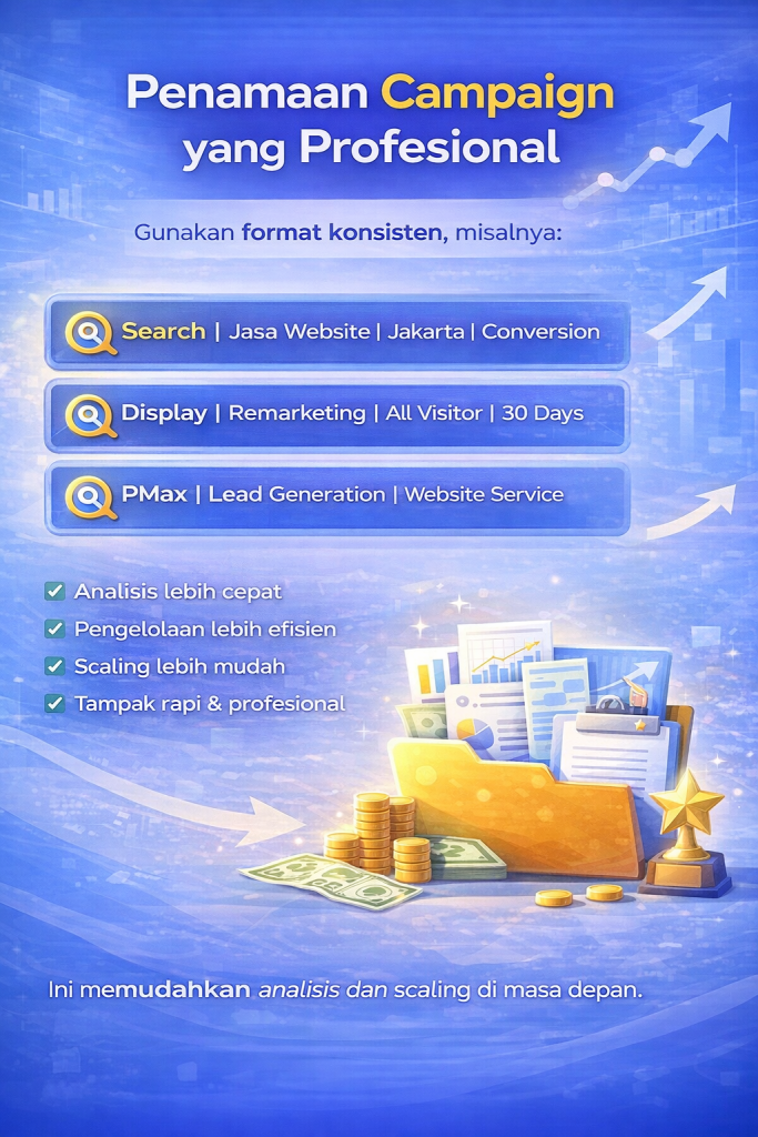 Mengapa Struktur Campaign Google Ads Itu Sangat Penting?

Struktur campaign yang baik membantu Anda untuk:

Mengontrol budget dengan lebih presisi

Memisahkan tujuan tiap jenis campaign

Membaca data performa dengan akurat

Memudahkan optimasi keyword, audience, dan bidding

Meningkatkan Quality Score dan ROI

Tanpa struktur yang jelas, iklan Anda akan sulit bersaing dan berpotensi merugi meski traffic terlihat tinggi.

1. Struktur Campaign Google Ads untuk Search Ads

Search Ads berfokus pada pengguna dengan intent tinggi (siap membeli atau mencari solusi).

Struktur ideal:

Campaign:

Brand Campaign

Non-Brand Campaign

Competitor Campaign

Ad Group:

Dipisah berdasarkan tema keyword

1 tema = 1 ad group

Contoh:

Campaign: Jasa Pembuatan Website

Ad Group: Jasa Website Sekolah

Ad Group: Jasa Website Toko Online

Ad Group: Jasa Website Company Profile

Dengan struktur ini, relevansi iklan meningkat, CTR naik, dan biaya per klik bisa lebih murah.

2. Struktur Campaign Google Ads untuk Display Ads

Display Ads cocok untuk branding dan remarketing.

Struktur yang rapi:

Campaign berdasarkan tujuan:

Awareness Display

Remarketing Display

Custom Audience Display

Ad Group berdasarkan audience:

Pengunjung website

Pengguna yang pernah klik iklan

Pengguna yang melihat video

In-market audience

Pisahkan setiap jenis audience agar pesan iklan lebih relevan dan mudah dianalisis.

3. Struktur Campaign Google Ads untuk Performance Max

Performance Max (PMax) menggabungkan semua channel Google dalam satu campaign: Search, Display, YouTube, Gmail, Discover.

Struktur terbaik:

Campaign berdasarkan tujuan bisnis:

PMax Lead Generation

PMax Penjualan Produk

PMax Brand Awareness

Asset Group berdasarkan kategori produk / layanan:

Asset Group Jasa Website

Asset Group Jasa SEO

Asset Group Jasa Google Ads

Jangan mencampur terlalu banyak tujuan dalam satu PMax agar algoritma bekerja lebih optimal.

4. Pisahkan Campaign Berdasarkan Funnel

Struktur yang profesional selalu memperhatikan customer journey:

Top Funnel: Awareness (Display, YouTube, PMax Awareness)

Middle Funnel: Consideration (Search Informational, Remarketing)

Bottom Funnel: Conversion (Search Transactional, PMax Sales)

Dengan pemisahan ini, pesan iklan bisa disesuaikan dengan tahap psikologis calon pelanggan.

5. Pengaturan Budget yang Rapi

Struktur rapi memudahkan alokasi budget:

Search High Intent → Budget terbesar

Remarketing → Budget menengah

Display Awareness → Budget penguat branding

Jangan mencampur budget Search dan Display dalam satu campaign.

6. Penamaan Campaign yang Profesional

Gunakan format konsisten, misalnya:

Search | Jasa Website | Jakarta | Conversion
Display | Remarketing | All Visitor | 30 Days
PMax | Lead Generation | Website Service

Ini memudahkan analisis dan scaling di masa depan.

7. Struktur yang Rapi = Optimasi Lebih Cepat

Dengan struktur yang benar, Anda bisa:

Menghentikan iklan yang boros

Menaikkan bidding keyword yang profitable

Menguji copywriting dengan A/B testing

Mengembangkan campaign yang paling menghasilkan

Inilah kunci meningkatkan ROAS dan menurunkan Cost per Conversion.