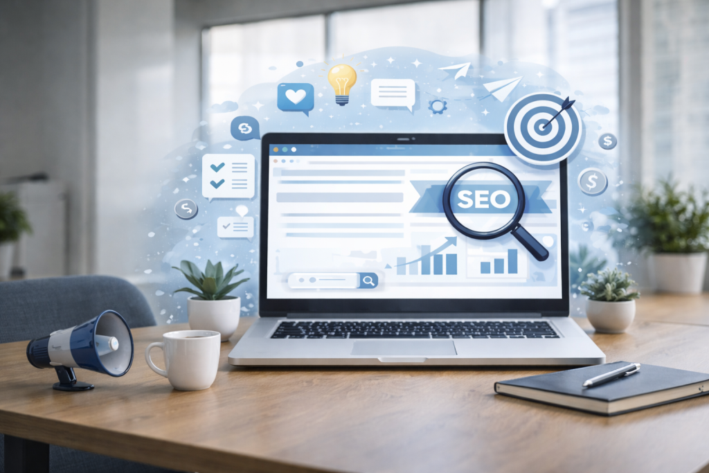 Panduan Landing Page yang Konversi Tinggi di 2026 dengan konsep SEO modern.