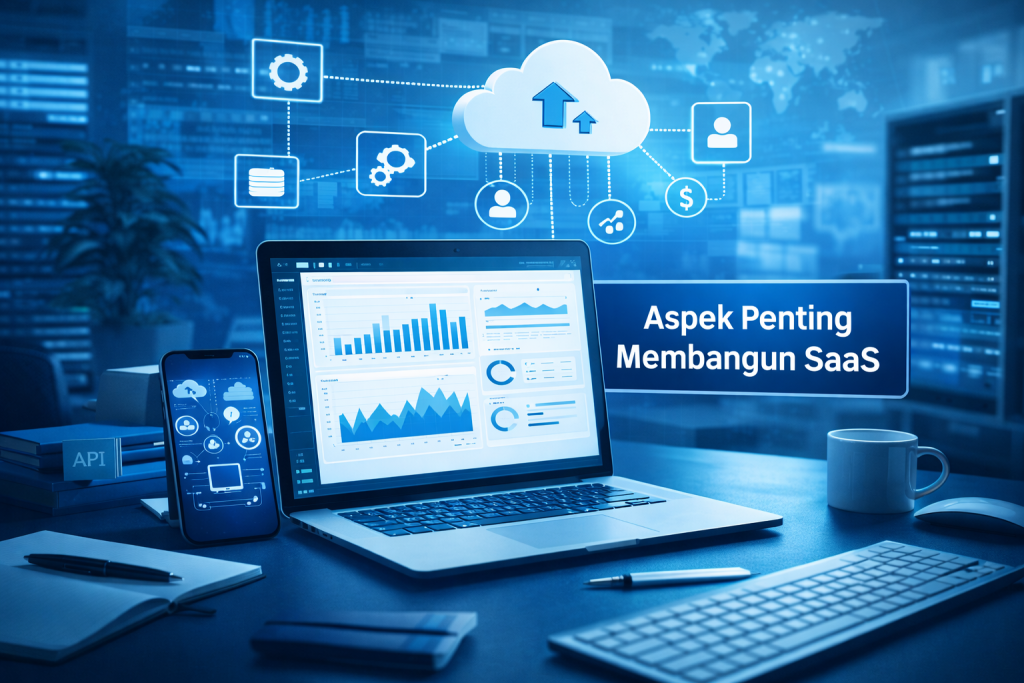 Laptop dengan tampilan analitik sebagai gambaran aspek penting membangun SaaS