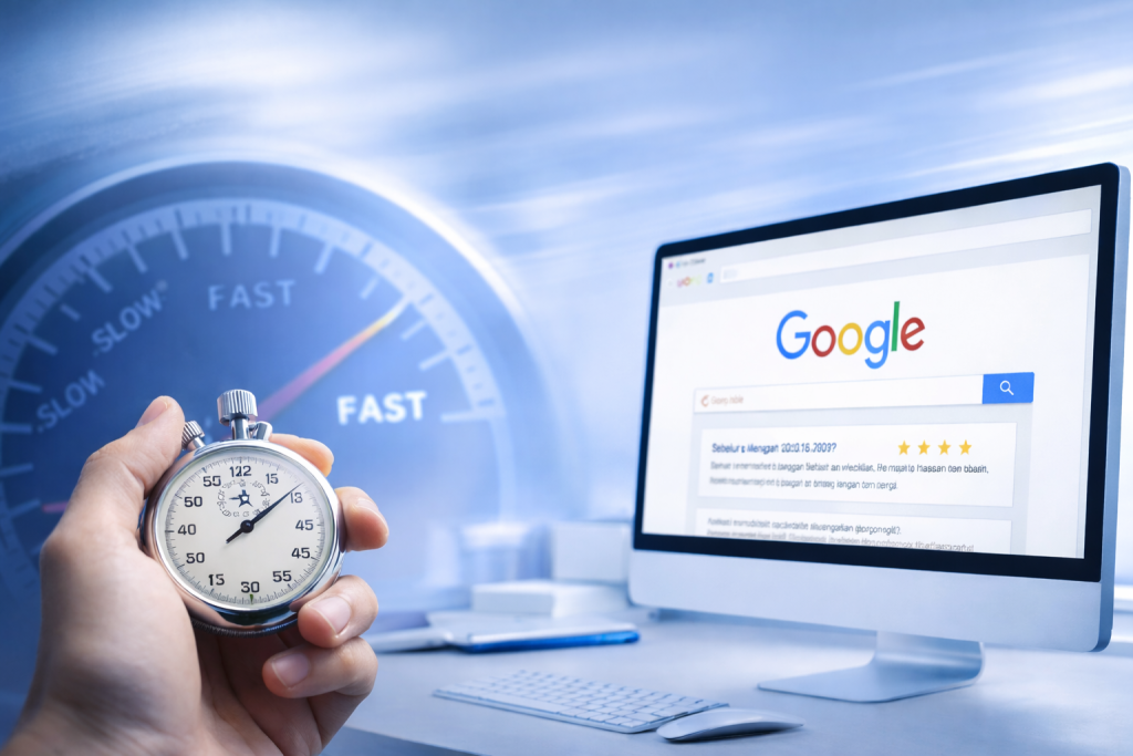 cara meningkatkan kecepatan website melalui checklist 20 poin yang terbukti efektif, dengan visual stopwatch dan tampilan Google sebagai simbol performa website yang lebih cepat.
