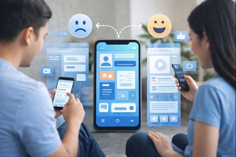 Tampilan UI/UX Mobile App pada perangkat mobile yang merepresentasikan performa aplikasi di App Store dan Play Store