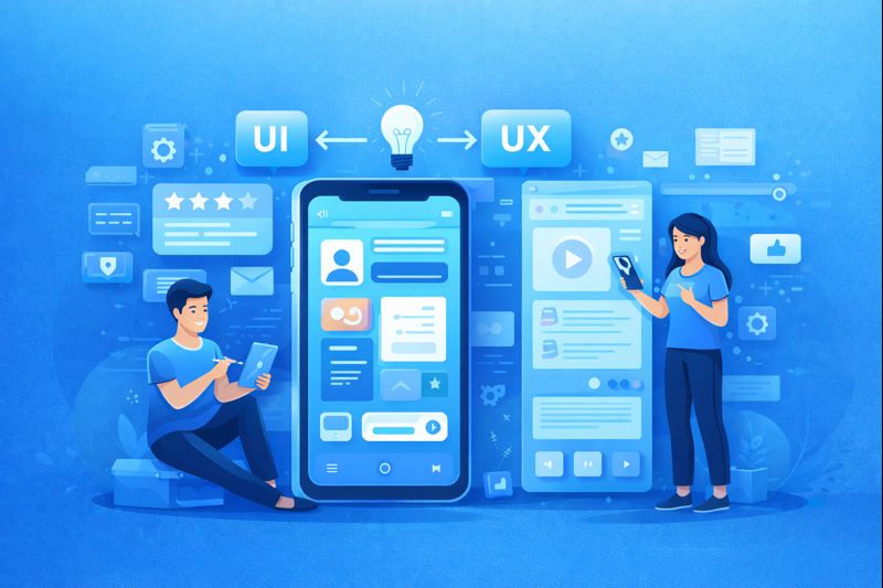 UI/UX Mobile App yang ditampilkan pada layar smartphone dengan indikator rating tinggi dan ulasan positif pengguna