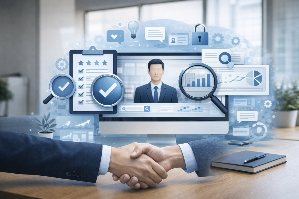 Ilustrasi profesional yang merepresentasikan kepercayaan dan kredibilitas landing page.