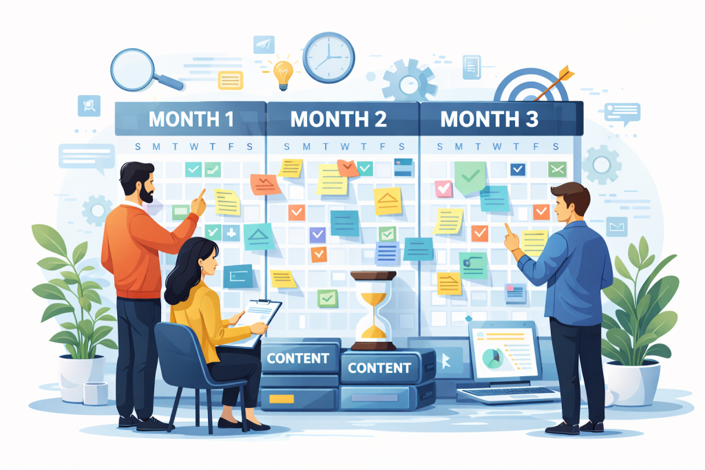 perencanaan Content Pillars selama 3 bulan untuk menyusun ide, menjadwalkan konten, dan menjaga strategi tetap konsisten serta terukur.