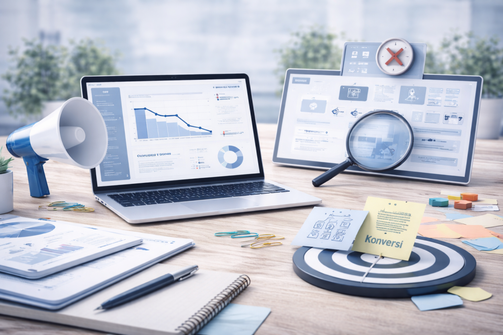 Ilustrasi Dashboard Marketing yang menampilkan analisis traffic berkualitas, fokus pada data yang relevan untuk mengukur efektivitas strategi dan potensi konversi bisnis.