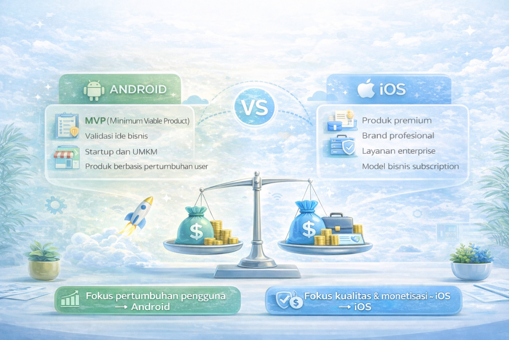Pilih platform yang sesuai cara bisnis kamu cari cuan—Android kuat di jangkauan, iOS unggul di subscription dan layanan premium