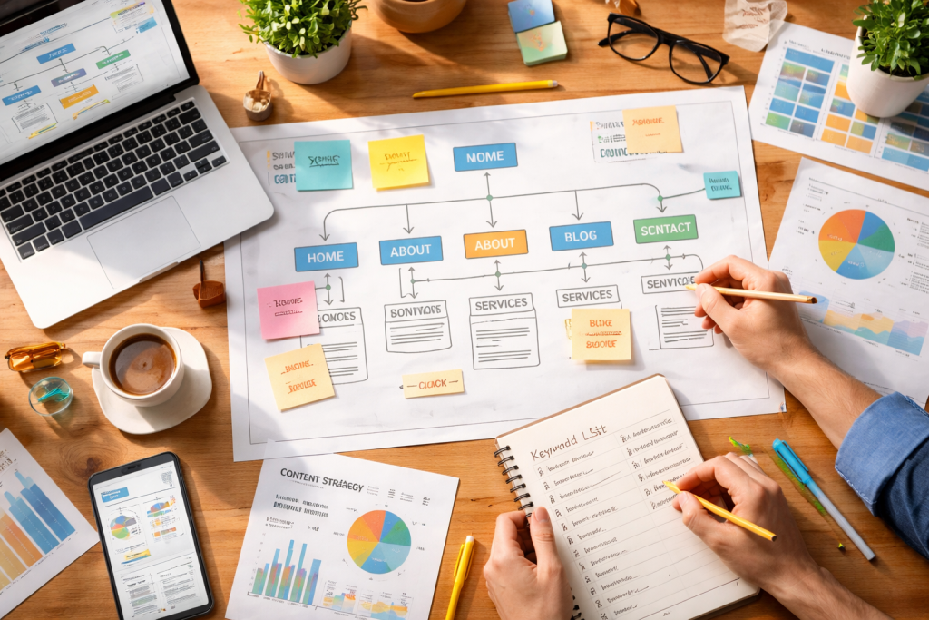 Proses perencanaan struktur dan strategi konten sebagai bagian penting dalam Timeline Pembuatan Website agar pengembangan berjalan terarah dan efisien.