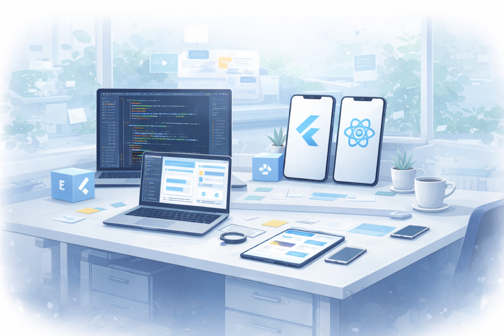 Pengembangan aplikasi mobile modern menggunakan Flutter dan React Native untuk membangun aplikasi cepat, responsif, dan lintas platform.
