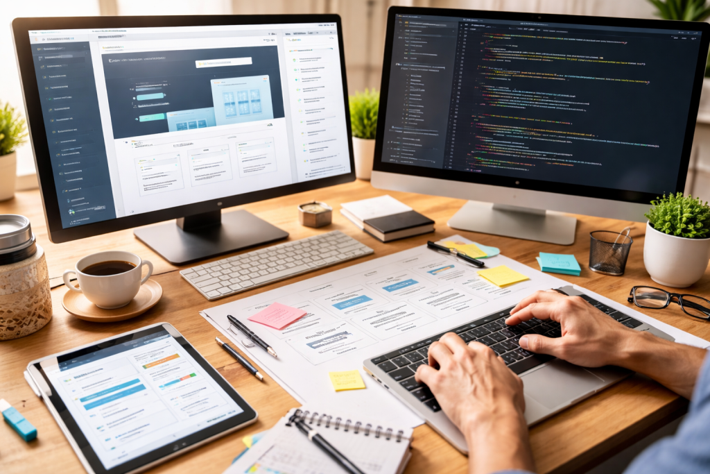 Tahap development atau coding dalam Timeline Pembuatan Website, di mana desain diubah menjadi sistem website yang fungsional dan optimal.