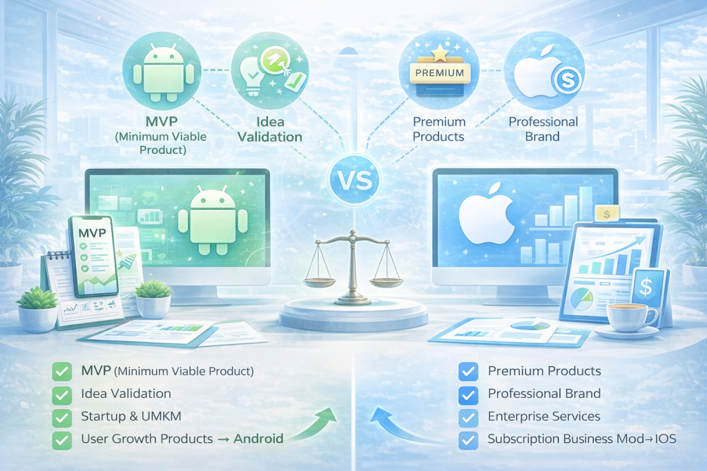 “Android cocok buat validasi cepat dan growth, iOS pas buat produk premium—tinggal sesuaikan sama tujuan bisnismu.