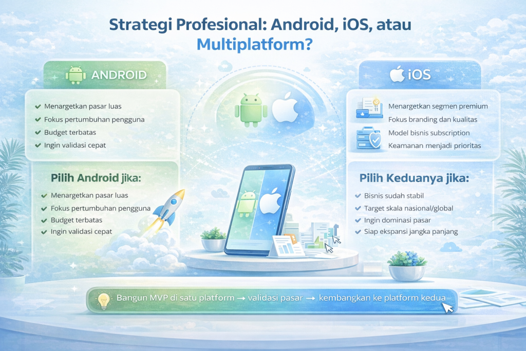 Mau fokus cepat tumbuh atau bangun brand premium? Ini gambaran simpel biar kamu lebih yakin pilih Android, iOS, atau keduanya