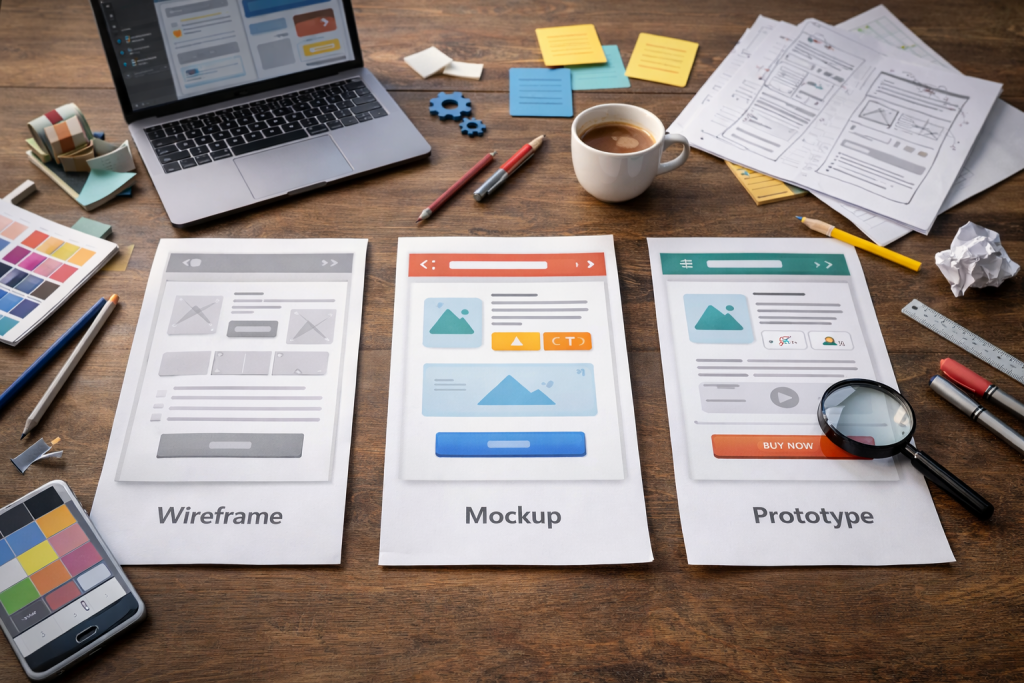 Perbandingan Wireframe vs Mockup vs Prototype dalam proses desain untuk meningkatkan UX dan conversion rate.