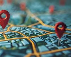 Tampilan peta digital 3D dengan beberapa pin lokasi merah besar untuk optimasi Google Maps dan Local SEO bisnis lokal.
