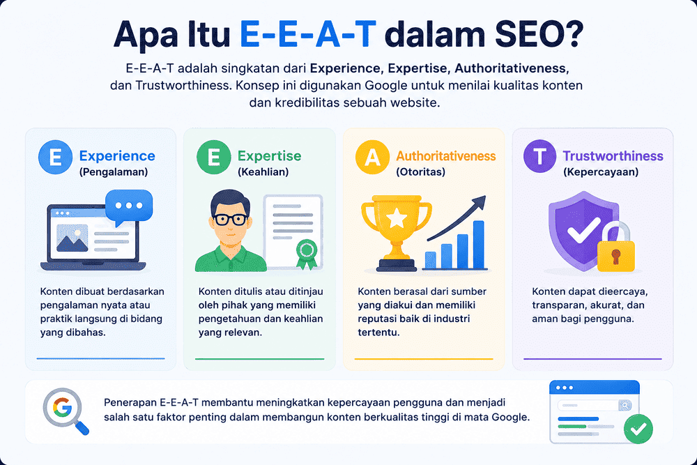 Infografik E-E-A-T SEO: Experience, Expertise, Authoritativeness, dan Trustworthiness.