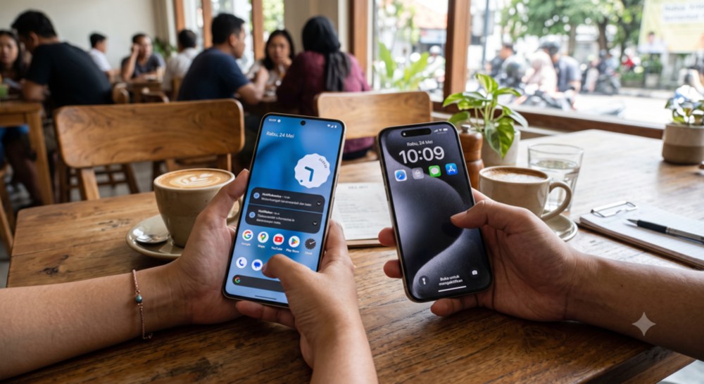 Perbandingan visual Android vs iOS pada dua smartphone yang dipegang berdampingan di sebuah kafe.