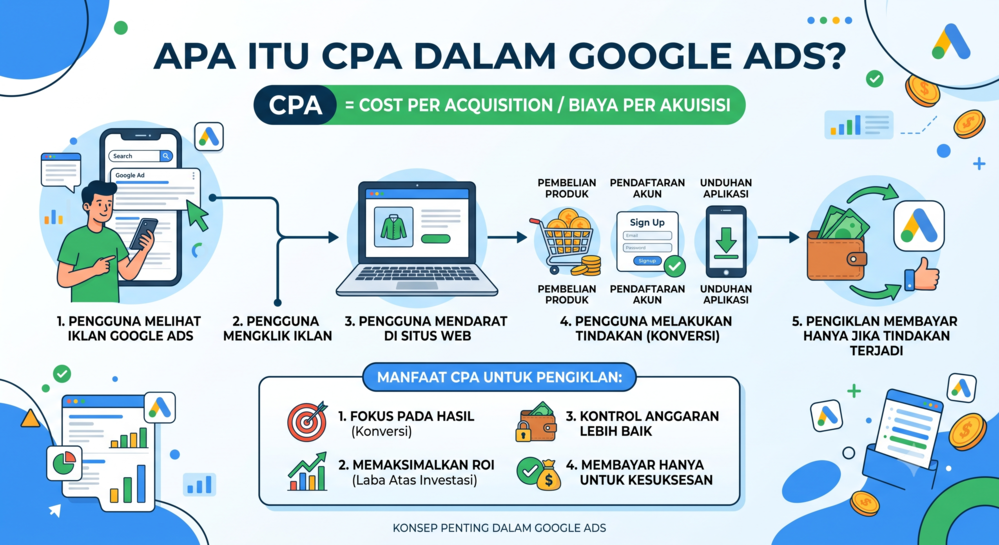 Infografis penjelasan apa itu CPA (Cost Per Acquisition) dalam Google Ads beserta alur konversi pengguna.