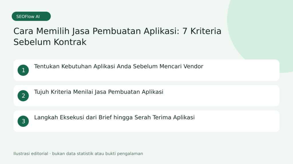Infografik Jasa pembuatan aplikasi: Tentukan Kebutuhan Aplikasi Anda Sebelum Mencari Vendor, Tujuh Kriteria Menilai Jasa Pembuatan Aplikasi, Langkah Eksekusi dari Brief hingga Serah Terima Aplikasi
