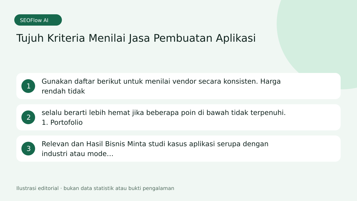 Ilustrasi Tujuh Kriteria Menilai Jasa Pembuatan Aplikasi: Gunakan daftar berikut untuk menilai vendor secara konsisten. Harga rendah tidak; selalu berarti lebih hemat jika beberapa poin di bawah tidak terpenuhi. 1. Portofolio; Relevan dan H