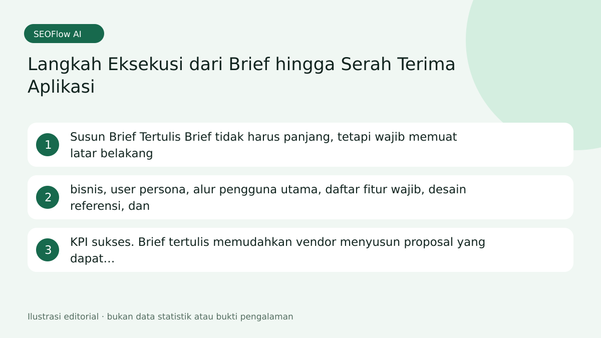 Ilustrasi Langkah Eksekusi dari Brief hingga Serah Terima Aplikasi: Susun Brief Tertulis Brief tidak harus panjang, tetapi wajib memuat latar belakang; bisnis, user persona, alur pengguna utama, daftar fitur wajib, desain referensi, dan; KP